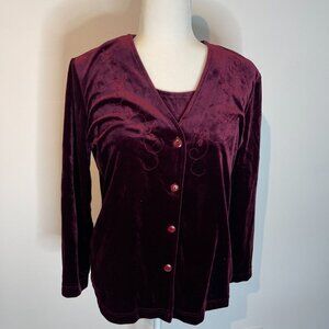 VINTAGE Cottage Core Velour Maroon Bold Spirit Cardigan size MP